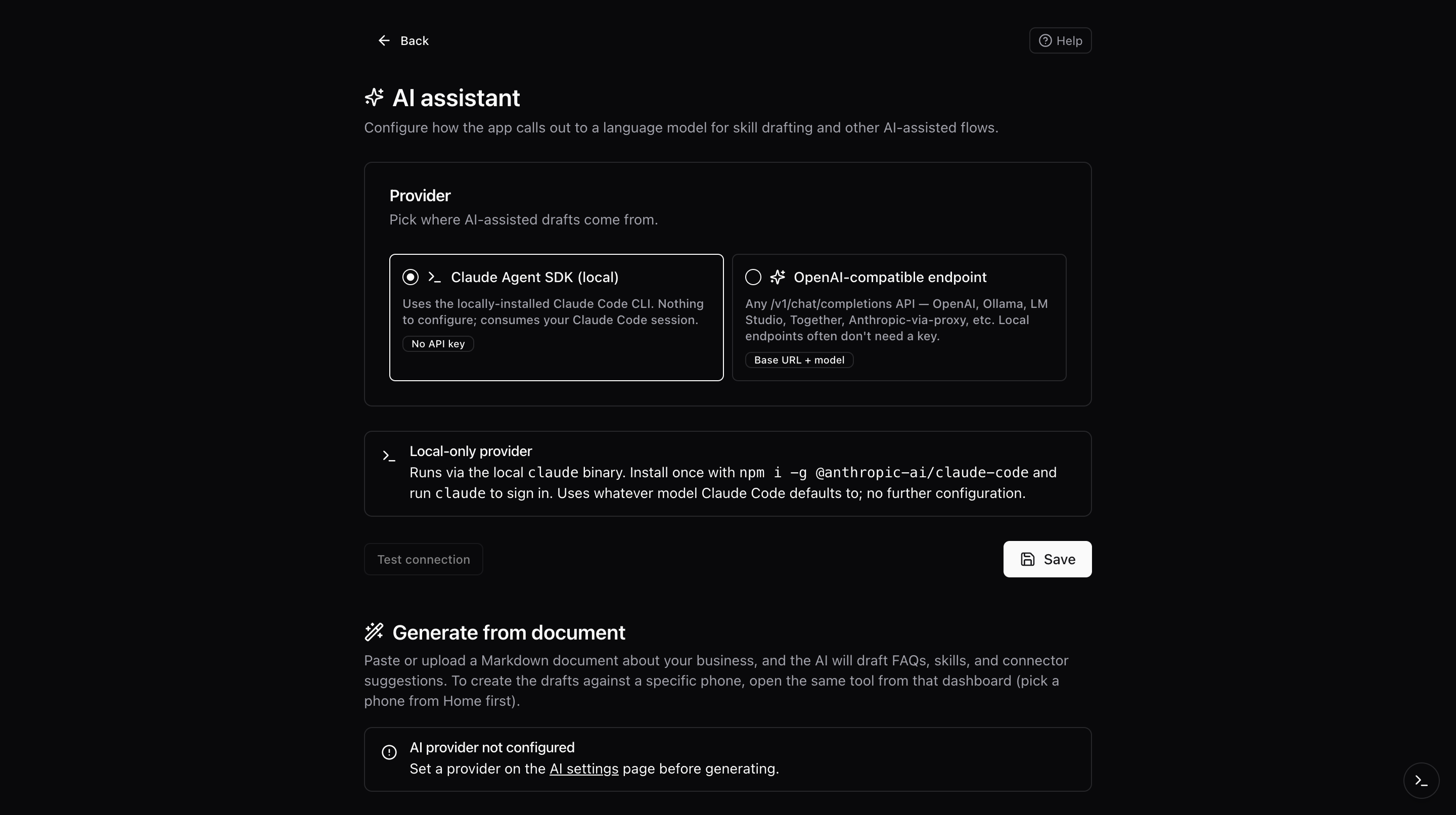 AI provider settings