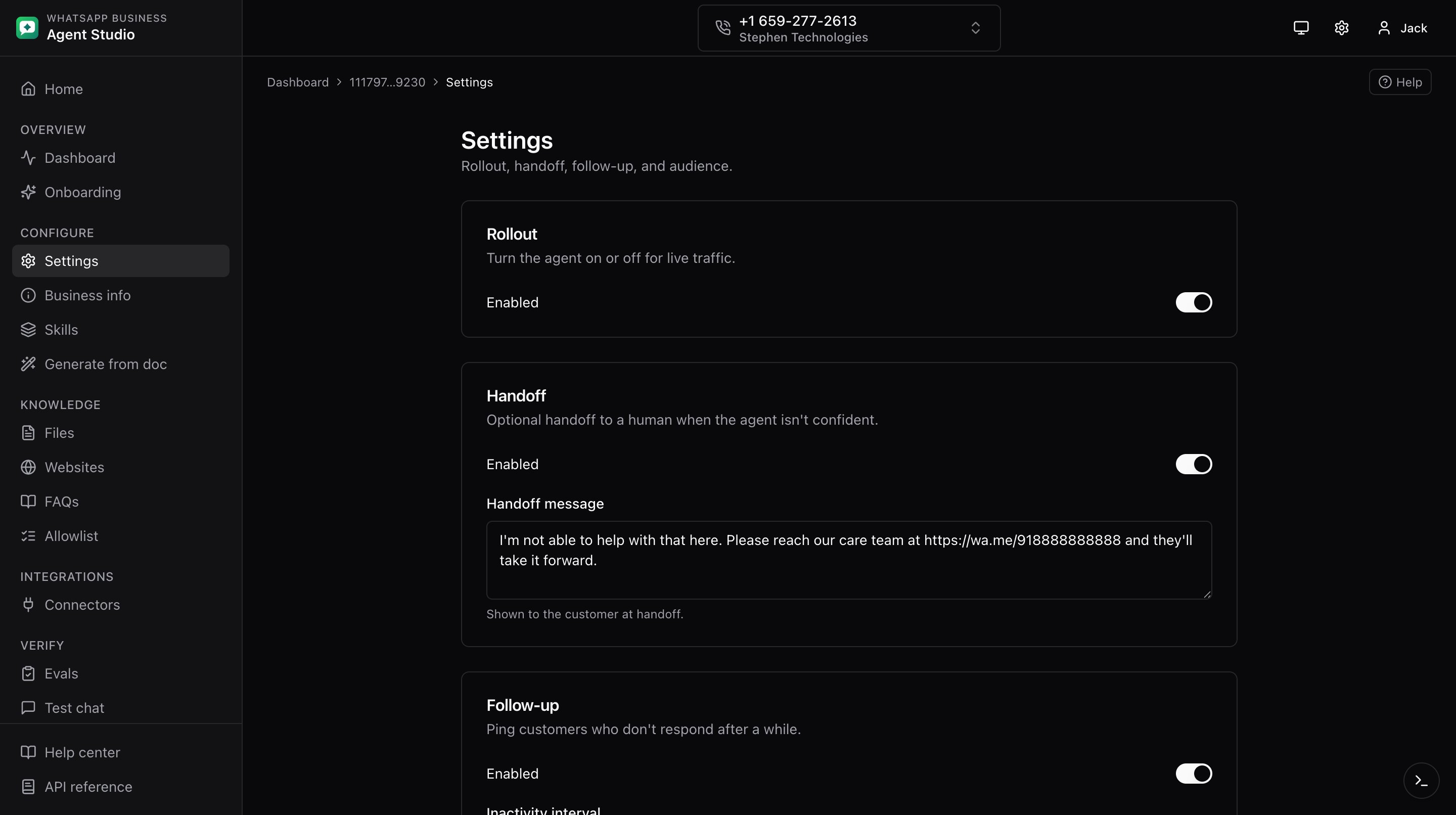 Agent settings page