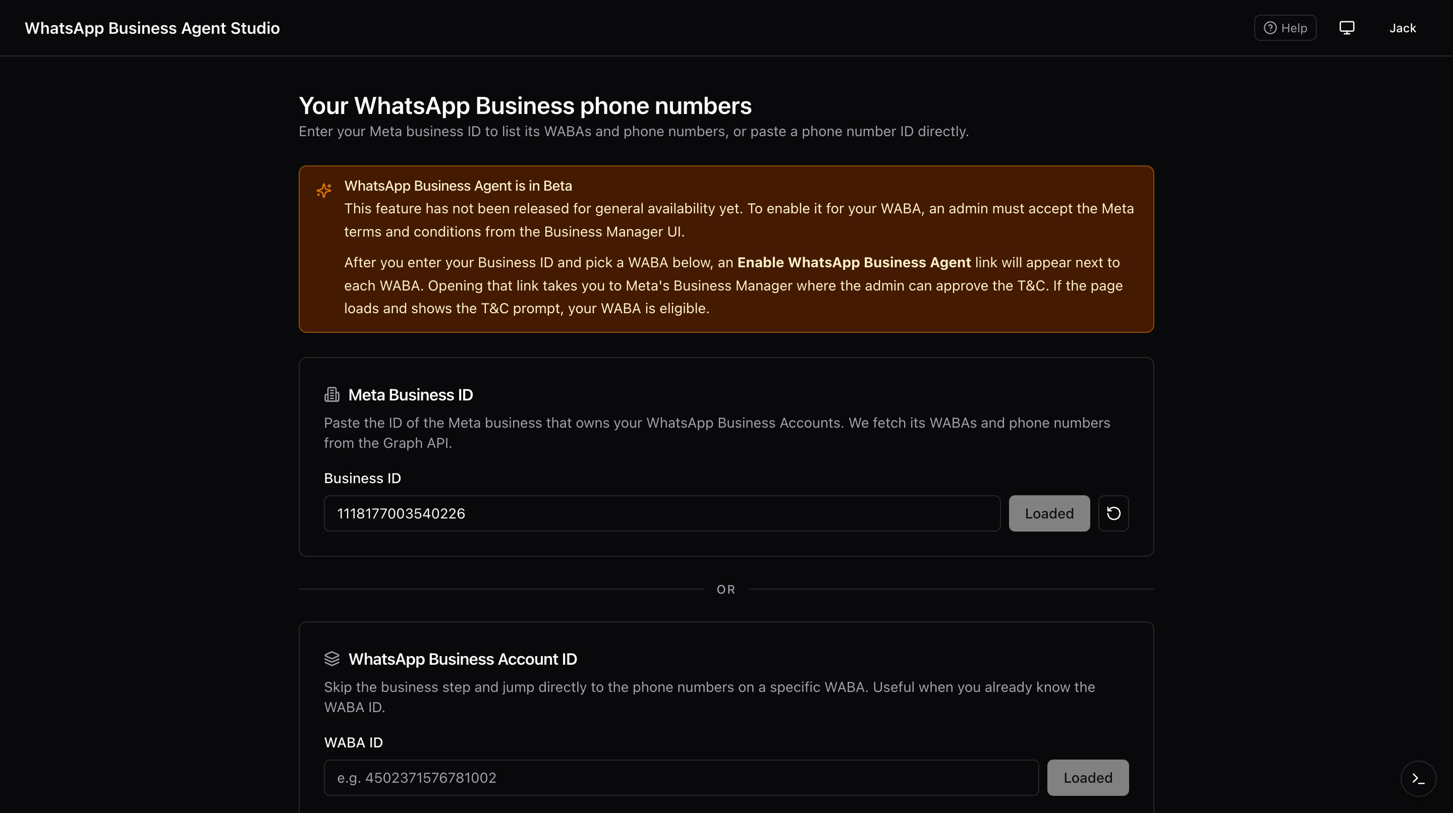 Home page with WABAs and phone numbers loaded