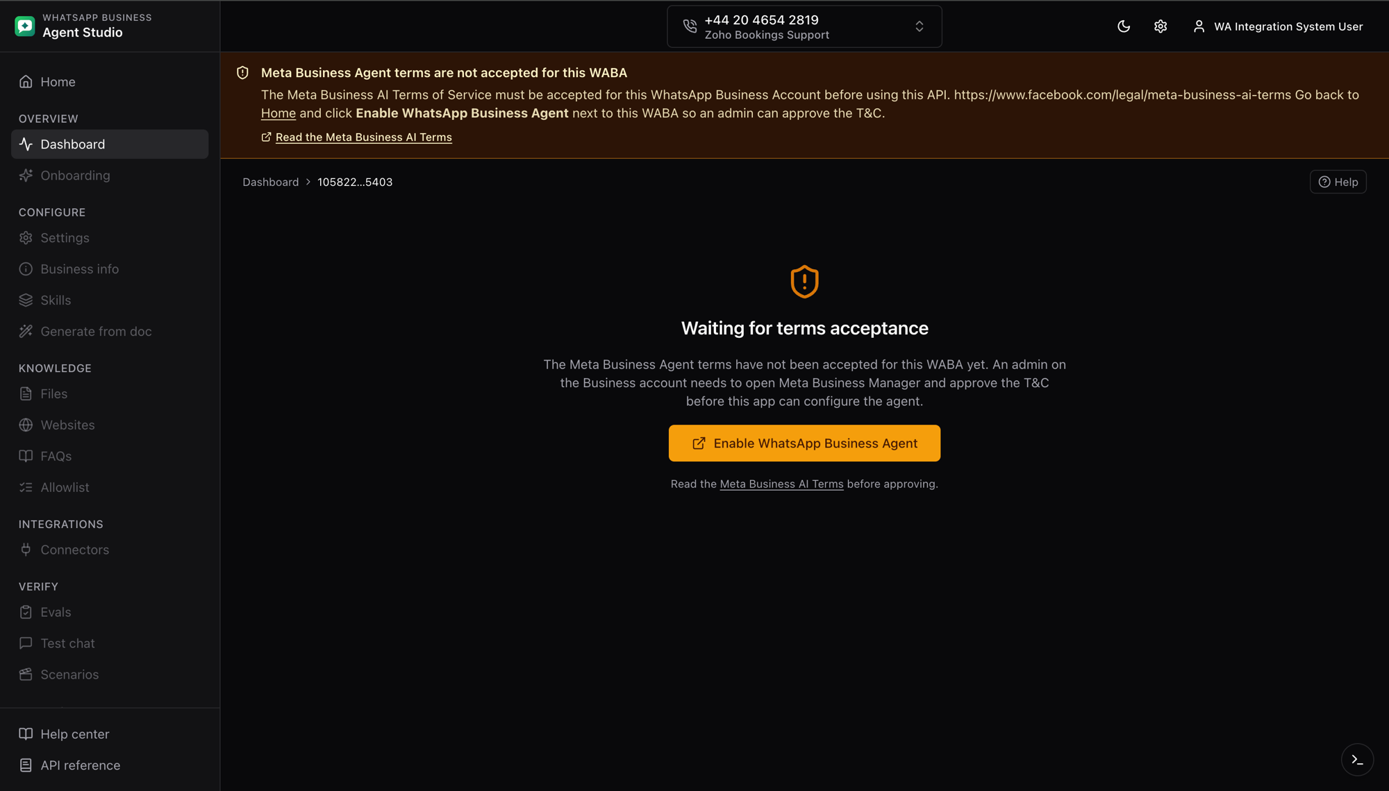 Dashboard blocked with a "Waiting for terms acceptance" screen and disabled sidebar